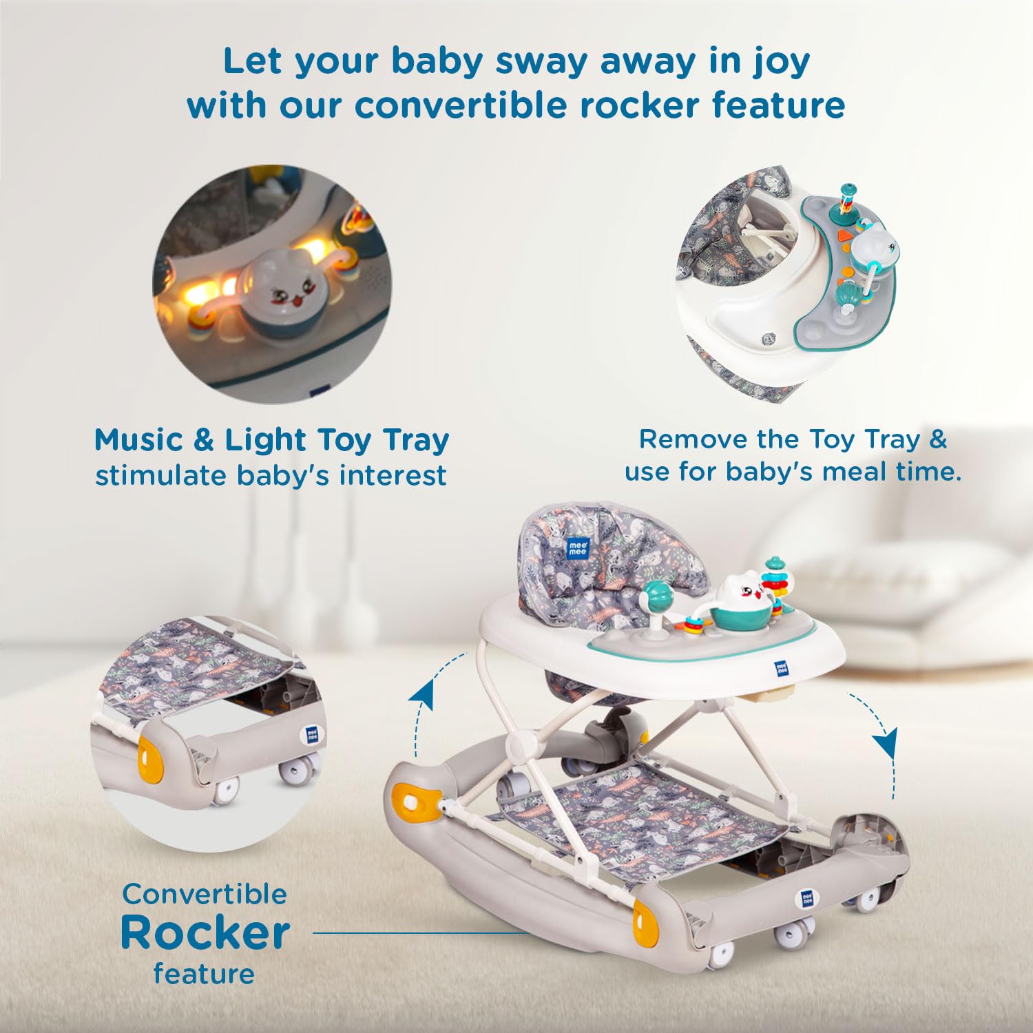 Multi-functional Mee Mee baby walker, aiding in walking development and providing entertainment with a rocking feature. www.usmile.toys